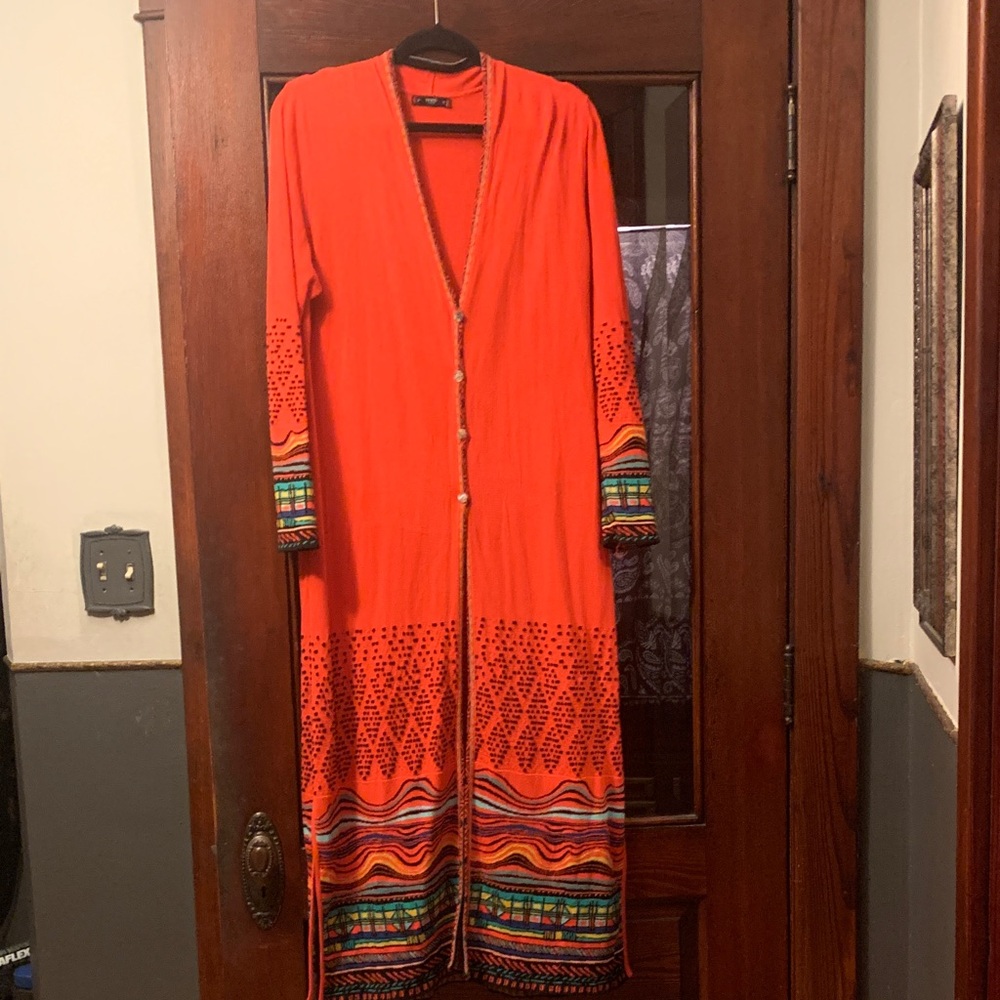 IVKO Vibrant Red Long Sleeve Cardigan Sweater with Multicolor Accents